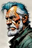 Placeholder: create a 3/4 profile portrait illustration of a an aged grey haired, raggedly dressed, post apocalyptic, skid row derelict , with highly detailed and deeply cut facial features, in the comic art style of FRANK MILLER and BILL SIENKIEWICZ, searing lines and forceful strokes, precisely drawn, boldly inked, with gritty textures, vibrant colors, dramatic otherworldly lighting