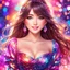 Placeholder: Beautiful anime girl with a dress fully covered with many colorful sequins, front view, beautiful anime portrait, realistic anime face, long shiny hair, glowing eyes, beautiful face, rosy cheeks, red lips, smile, colorful bokeh background, sparkles, gorgeous, detailed, correct face structure, correct anatomy