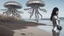 Placeholder: A woman with dark hair in a silver robotic catsuit, standing on a beach, flying mushrooms with octopus tentacles floating above her