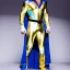 Placeholder: A superhero man with a sky blue spandex suit. He has a sky blue mask on, blue eyes, freckles, dimples, and curly dark brown hair. He's wearing gold boots and gold artist gloves with a white belt and has a gold M on his chest. His boots have small feathered wings on them, and his shoulders have shoulder pads. He is smiling