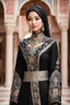 Placeholder: Gorgeous Realistic Photography Super model Asian as Beautiful hijab girl dressing Morocco pattern flowers gown luxury black and jewelry,luxury palace background, close-up portrait