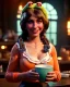 Placeholder: waitress irish woman with muppet mask that covers her entire head, green, retro style, Sesame Street style, smooth, unreal engine 5, god lights, ray tracing, RTX, lumen lighting, ultra detail, volumetric lighting, 3d.