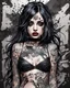 Placeholder: Petit girl goth many tattoos on his body, lying pose, halfbody, PAPERCUT style portrait, multi layered metalics and rough texture, paint splashes and streaks and blotches industrial,