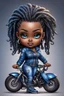 Placeholder: create an airbrush illustration of a chibi cartoon voluptuous black female wearing a blue jean outfit with biker boots. Prominent make up with hazel eyes. Extremely highly detail of a short and shiny twisted dreadlocks. Background of a bike show.