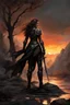 Placeholder: A formidable warrior girl in black armor, on the background Amazing gloomy landscape, flooded with sunset, mountains, trees, fabulous scary hero, , juicy emotions, painting, dark fantasy, gloomy day, dark world, portrait, by James Paick & Anna Razumovskaya