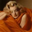 Placeholder: A photograph of marilyn monroe, eyes half closed, with bed hair, melancholy, no make up, in the style of milton greene, pale shiny orange silk scarf around her shoulders,beige bacground