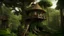 Placeholder: A whimsical, moss-covered treehouse nestled among the branches of a large, ancient tree. The treehouse has intricate architectural details with pointed roofs and decorative elements. The surrounding forest is lush and overgrown, with mushrooms and other vegetation covering the ground. A ladder leads up to the entrance of the treehouse, inviting exploration of this ench