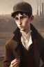 Placeholder: old oil painting of oliver twist, realistic detail, factory in background, crying boy, oil on face, 1890 clothes