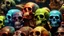 Placeholder: a picture of a dark, comedic, anatomically correct wall of colorful tightly packed stacked skulls of varying sizes and expressions, photo realistic, insanely meticulous, highly detailed, part of a collection of bones on display, 64k, dystopian, vray