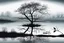 Placeholder: Illustration of a lonely dark tree with barren branches stands on a water's edge, reflected in the water, fog, crows on the sky, mystical landscape, sinister mood, line art