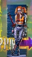 Placeholder: teen woman in retro-futurist cyberpunk costuming with pants and sheathed swords leaning to the side with shoulder against a brick pillar, add a background of brick with graffiti of a large arrow pointing to the right and text of the word "PUB" on lower left