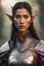 Placeholder: Young warrior woman with Asian eyes, tanned skin, serious look, wearing elven armor, no pointed ears