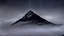 Placeholder: looking up at misty foreground and night sky background, no sun, single sharp narrow mountain peak coming through the mist in the center