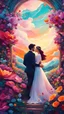 Placeholder: a surreal scene where love blossoms into vibrant flowers around a couple. Experiment with fantastical elements and a rich, dreamlike color palette