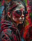 Placeholder: close up, full color painting of squatting cyberpunk girl, sunglasses, high heel shoes, perfect hourglass figure, (((Graffiti art) (by Carne Griffiths))), red wall background, insane details, intricat Modifiers: highly detailed Award winning photography fantasy 8k photorealistic beautiful poster award winning imperial colors fantastic view ultra detailed 4K 3D colourful very cute cinematic postprocessing acrylic art Craig Rutkowski