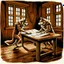 Placeholder: two anthropomorphic wolf stand around the old wooden table. They studying two map which features markings drawing are visible. one map lies down on big wooden table, one map holds his paws, older wolf a gnarled tree leans on a stick, in background the room's massive wooden walls, one little window, high realistic, detailed, cinematic mood