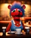 Placeholder: Pub scene, hybrid character, waitress woman with monster muppet mask that covers her entire head, retro style, Sesame Street style, smooth, unreal engine 5, god lights, ray tracing, RTX, lumen lighting, ultra detail, volumetric lighting, 3d.