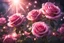 Placeholder: pink roses, intense color, , magical atmosphere, ray of sun, sparks of light everywhere