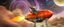 Placeholder: hairy macho gremlin octopus lizard alien couple living in a hi tech marvellous hot dog art graphics rocket with a mounted sling shot, heading for venus stone castle, background motion blur and smoke swirls, and cheeky geese