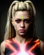 Placeholder: portrait, Shakira, blonde artist, angry, Realistic image, MMA robe, hoodie, mma gloves, fight pose, make-up make-up, gold line make-up, sweat, fog, goddess style, Neon colors, leds. Black background, photo studio, concept art, smooth, unreal engine 5, god lights, ray tracing, RTX, lumen lighting, ultra detail, volumetric lighting, 3d, finely drawn, high definition, 4k.