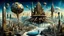 Placeholder: a stunningly weird image of a futuristic metropolis using Salvador Dali's paranoiac-critical method, where buildings and structures appear to melt into the skyline cityscape is filled with floating medusas and mad, twisted metal shapes that interact with the buildings and each other, forming a surreal tableau of a dreamlike reality. neu-steampunk vibe, essence of the scene in a cinematic manner, with dramatic shadows that enhance the distorted perspectives and bizarre mood
