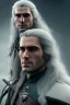 Placeholder: Henry cavil, long white hair, wearing The witcher 3