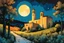 Placeholder: create a wildly abstract illustration of an old Italian village church, with highly detailed stonework, surrounded by ancient Lombardy poplar trees, in the hills of Tuscany under a harvest moon at midnight , in the comic book art style of Bill Sienkiewicz, and Jean Giraud Moebius, finely textured, drawn, colored, and inked