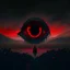 Placeholder: a large ominous red eye watching a person roam a desolate deep black landscape