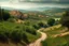 Placeholder: realistic catalonia Landscape. Raw road going steep up with old little town in the background far far away. View from this road down