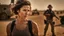 Placeholder: beautiful slender caucasian female technician, black tank top, well toned muscles, weathered face, scratched sand camo metal details, short brunette wavy bob haircut, dystopian, desert scene, being hit by a bullet, explosions in background, wounded by gunfire