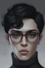 Placeholder: Short black hair, light skin, black skin tight turtle neck clothing, black round glasses, earrings, grey eyes, black eye shadow, round face, man