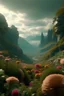 Placeholder: Un valle entre altas montañas que flotan, flores gigantes, seres antropomorfos extraños viven entre la vegetación, el clima es húmedo, film de animación