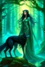 Placeholder: In the heart of a dense and enigmatic forest with towering ancient trees cloaked in emerald foliage stood a bewitching sorceress possessing an ethereal allure her lustrous hair cascading in ebony waves down to her slender waist that turns into roots In the background a faithful companion a majestic canine of Belgian shepherd lineage roamed at her side its eyes illuminated by an otherworldly crimson glow exuding an aura both mysterious and demonic