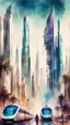 Placeholder: Dubai city view in fantasy cyberpunk style with famous tram, watercolour