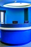 Placeholder: A circular blue reception desk with three chairs