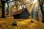 Placeholder: A Austrian wooden house in a mystery hilly oak forest in autumn, yellow orange leaves on ground, moist in air, early morning, sun streaks, dense vegetation, gnomes