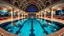 Placeholder: Superb symmetrical pictorial multicoloured mosaic floor, swimming pool, bathers, swimmers, water feature, walls with pictures of bathers and swimmers, symmetrical cathedral style high ceiling, relaxation, romance, luxury, dream world, calm beauty, perfect symmetry, fantasy world, magic, beautiful symmetrical composition, exquisite detail, 85mm lens, adjust perspective, chiaroscuro, night, darkness, dramatic lighting