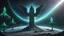 Placeholder: few tiberium monolith deposits on the planet with a space trees on the left and right side, matrix codes and the back ground of the angels with wings siting monolith made of tiberium crystals