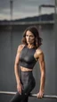 Placeholder: photography of a beautiful anorexic woman, anthracite satin triathlon top, sports illustrated, brunette short wavy bob haircut, pronounced sternum, flat chest, anthracite short leggins