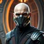 Placeholder: star wars bald male corellian jedi wearing gunmetal grey and black old republic armored flightsuit and breath mask with gold and metallic red trim inside the jedi temple, centered head and shoulders portrait, hyperdetailed, dynamic lighting, hyperdetailed background, 8k resolution, volumetric lighting, light skin, fully symmetric details