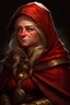 Placeholder: grizzled female dwarf stonemason red cloak flaxen hair portrait Fantasy