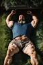 Placeholder: close up, aerial top view shot photography of an ugly 41 year old beefy big robust burly turkish carpenter , relaxing in the meadow, , hands behind the head , wearing bulging shorts, shirtless, hairy chest, manly chest, manly legs, serious, very virile, short beard, shaved hair,, , in a sunny day, photorealistic , photorealistic