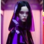 Placeholder: painting by koson ohara and marta bevacqua, portrait of a beautiful goth woman with long black hair, wearing a plastic raincoat, purple neon lighting, 8k, high quality, highly detailed