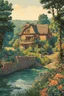 Placeholder: museum quality color woodcut landscape of a fanciful 1920's ramshackle French country cottage nestled on the banks of the Dordogne River, on a blissful summer morning, in the style of Gustave Baumann, with a fine art aesthetic, highly detailed, finely cut ,8k render, soft early summer colors