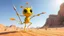 Placeholder: a funny little creature that dance in a desert, the creature is yellow and green, have big eyes and long legs, he likes to dance and jump with his spear