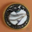 Placeholder: coaster of kingfisher ivory brooch with black pearl inlay, opalescent marble carving, decorative design, classical ornament, highly ornate, highly intricate, highly detailed etching, marble carving, warm lighting, linen backdrop