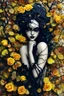 Placeholder: abstract creation of a beautiful girl with black curly hair, surrounded by black roses, thick metal chain broken, glass petals on the ground, autumn colours,dried out thorn bush, chaos,