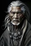 Placeholder: a photo of an Aztec man with ethnic jewelry, grey hair and grey flowing robe, in style of Annie Leibovitz, contemporary portrait of a mature yet beautiful and modernist man, black and grey, detailed feminine face, swirling fluid smokey enigma, award-winning artwork