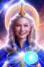 Placeholder: young cosmic woman smile, admiral from the future, one fine whole face, large cosmic forehead, crystalline skin, expressive blue eyes, blue hair, smiling lips, very nice smile, costume pleiadian,rainbow ufo Beautiful tall woman Galactic commander, ship, perfect datailed golden galactic suit, high rank, long hair, hand whit five perfect detailed finger, amazing big blue eyes, smilling mouth, high drfinition lips, cosmic happiness, bright colors, blue, pink, gold, jewels, realistic