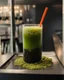 Placeholder: filling the frame we are looking into a tank filled with matcha green bubble tea, dark tapioca pearls along the bottom against the glass, ice floating at top, no fish, no outside of tank